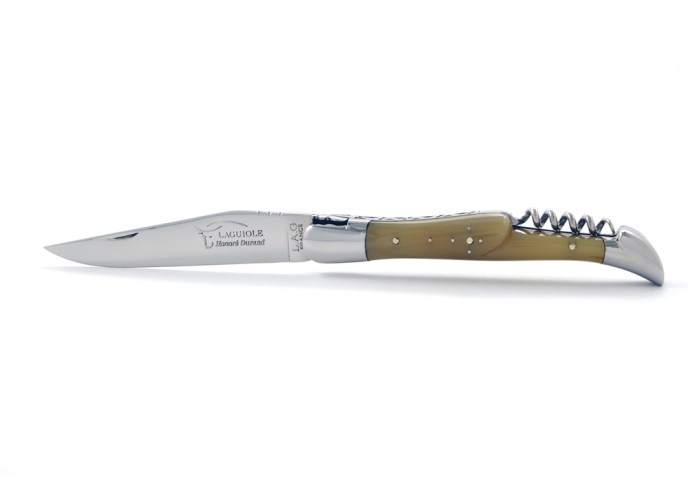 Laguiole pliant, 12 cm, abeille forgée, lame & tire-bouchon, mitres inox brillant, manche pointe de corne
