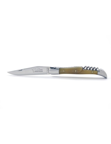 Laguiole pliant, 12 cm, abeille forgée, lame & tire-bouchon, mitres inox brillant, manche pointe de corne