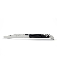 Laguiole pliant, 12 cm, abeille forgée, lame & tire-bouchon, mitres inox brillant, manche pointe de corne (foncée) 2