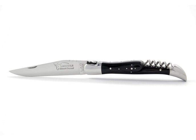 Laguiole pliant, 12 cm, abeille forgée, lame & tire-bouchon, mitres inox brillant, manche pointe de corne (foncée)
