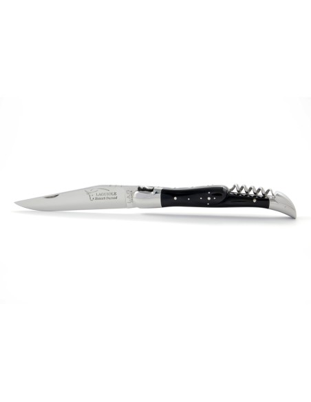 Laguiole pliant, 12 cm, abeille forgée, lame & tire-bouchon, mitres inox brillant, manche pointe de corne (foncée)