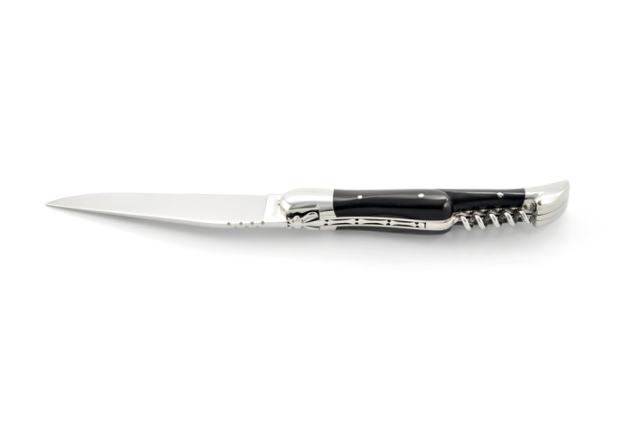 Laguiole pliant, 12 cm, abeille forgée, lame & tire-bouchon, mitres inox brillant, manche pointe de corne (foncée)