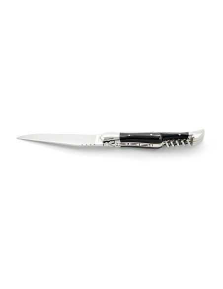 Laguiole pliant, 12 cm, abeille forgée, lame & tire-bouchon, mitres inox brillant, manche pointe de corne (foncée)