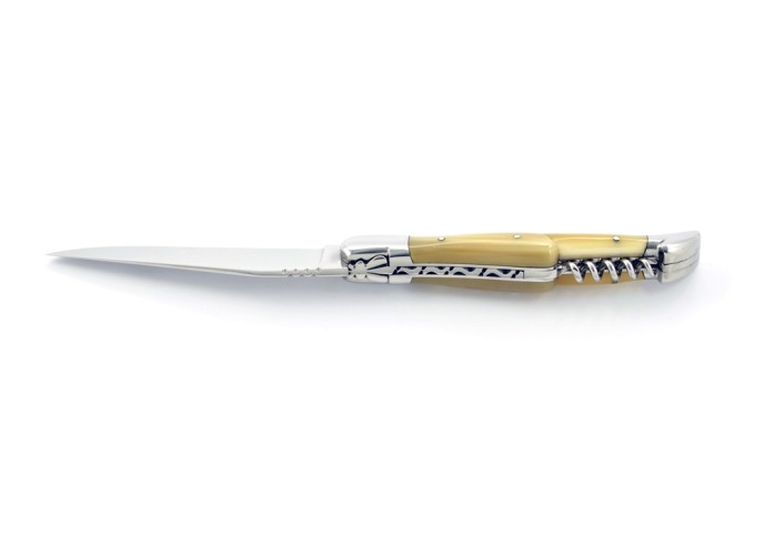 Laguiole pliant, 12 cm, abeille forgée, lame & tire-bouchon, mitres inox brillant, manche pointe de corne