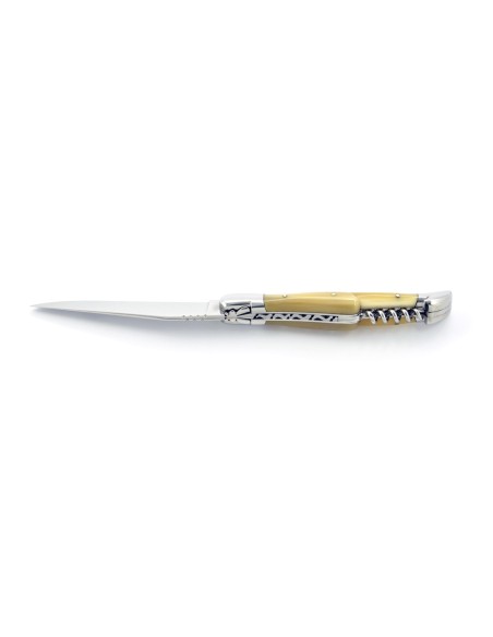 Laguiole pliant, 12 cm, abeille forgée, lame & tire-bouchon, mitres inox brillant, manche pointe de corne