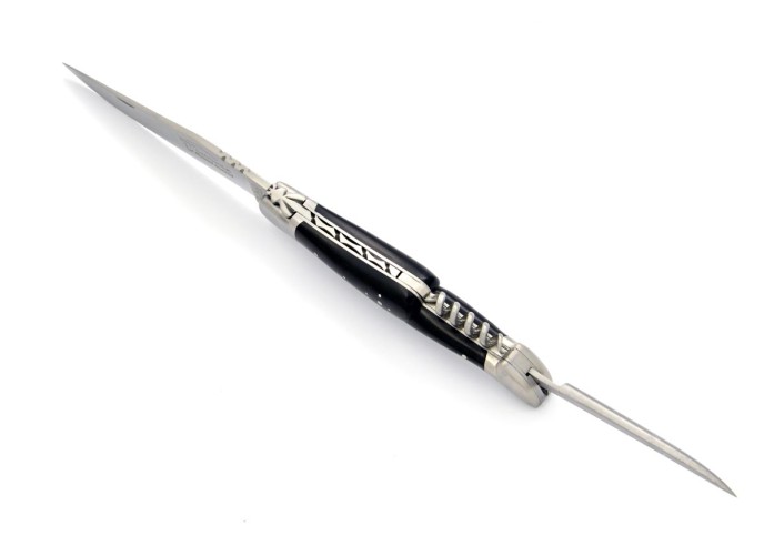 Laguiole pliant, 12 cm, abeille forgée, lame & tire-bouchon & poinçon, mitres inox mat, manche pointe de corne foncée
