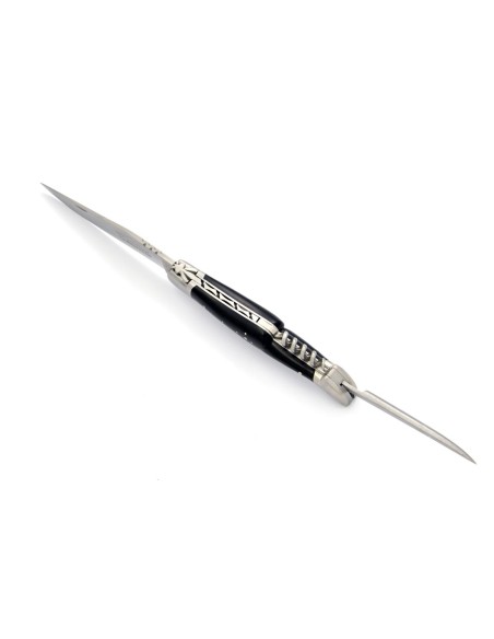 Laguiole pliant, 12 cm, abeille forgée, lame & tire-bouchon & poinçon, mitres inox mat, manche pointe de corne foncée