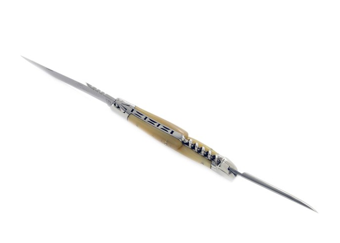 Laguiole pliant, 12 cm, lame, poinçon & tire-bouchon, mitres inox brillant, manche en pointe de corne claire