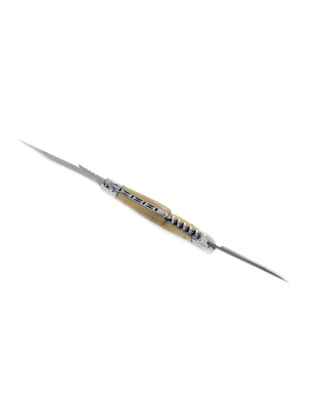 Laguiole pliant, 12 cm, lame, poinçon & tire-bouchon, mitres inox brillant, manche en pointe de corne claire