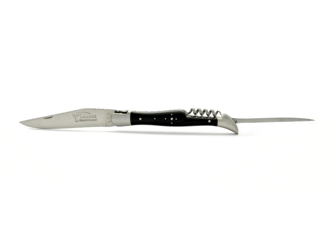 Laguiole pliant, 12 cm, abeille forgée, lame & tire-bouchon & poinçon, mitres inox mat, manche pointe de corne foncée
