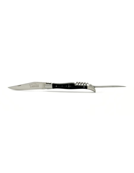 Laguiole pliant, 12 cm, abeille forgée, lame & tire-bouchon & poinçon, mitres inox mat, manche pointe de corne foncée