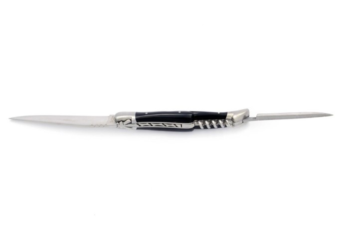 Laguiole pliant, 12 cm, abeille forgée, lame & tire-bouchon & poinçon, mitres inox mat, manche pointe de corne foncée