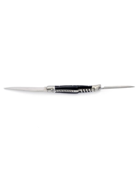 Laguiole pliant, 12 cm, abeille forgée, lame & tire-bouchon & poinçon, mitres inox mat, manche pointe de corne foncée
