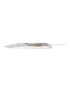 Laguiole pliant, 12 cm, lame, poinçon & tire-bouchon, mitres inox brillant, manche en pointe de corne claire 2