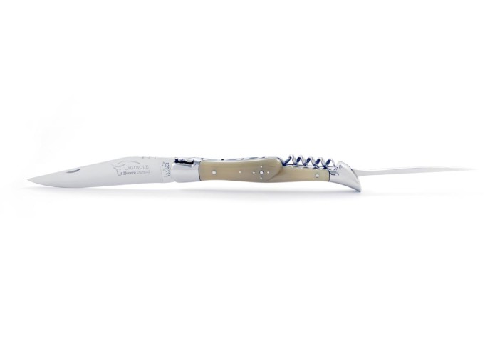 Laguiole pliant, 12 cm, lame, poinçon & tire-bouchon, mitres inox brillant, manche en pointe de corne claire