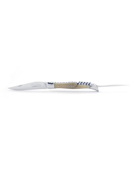 Laguiole pliant, 12 cm, lame, poinçon & tire-bouchon, mitres inox brillant, manche en pointe de corne claire