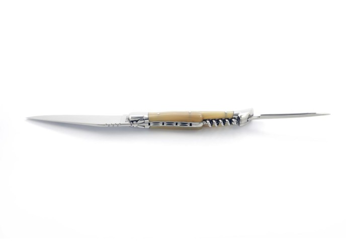 Laguiole pliant, 12 cm, lame, poinçon & tire-bouchon, mitres inox brillant, manche en pointe de corne claire