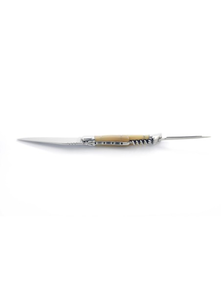 Laguiole pliant, 12 cm, lame, poinçon & tire-bouchon, mitres inox brillant, manche en pointe de corne claire
