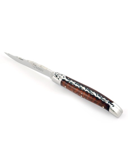 Laguiole pliant 11 cm, abeille forgée, lame seule, ciselé dessus-dessous, mitres inox brillant, manche amourette