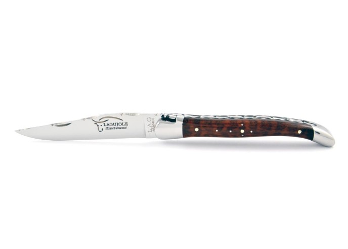Laguiole pliant 11 cm, abeille forgée, lame seule, ciselé dessus-dessous, mitres inox brillant, manche amourette
