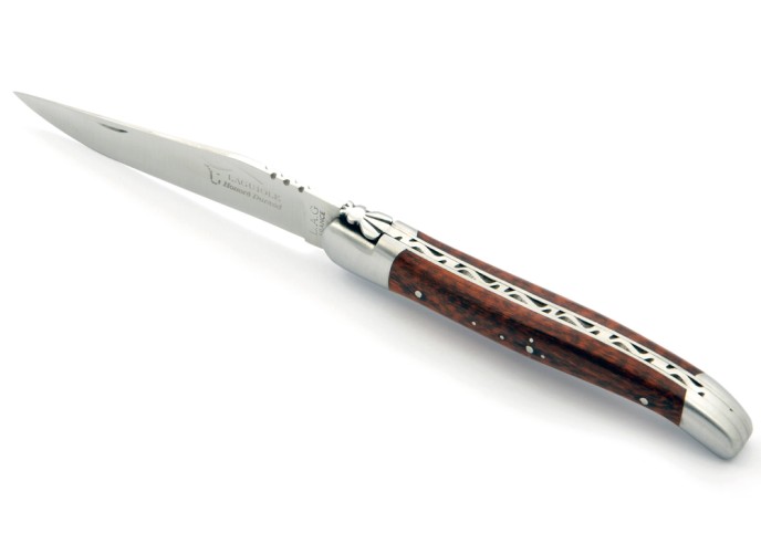 Laguiole pliant, 12 cm, abeille forgée, lame seule, mitres inox mat, manche en bois d'amourette