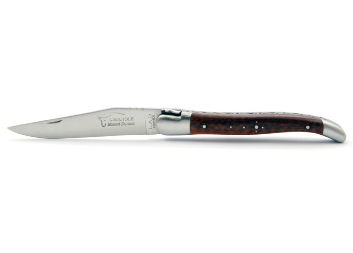 Laguiole pliant, 12 cm, abeille forgée, lame seule, mitres inox mat, manche en bois d'amourette