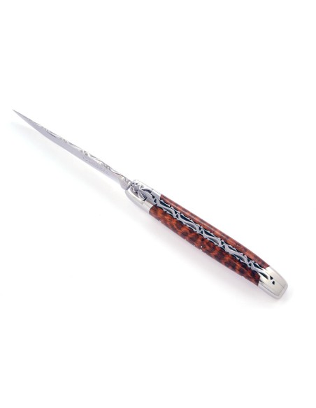 Laguiole pliant, 12 cm, abeille forgée, lame seule, ciselé dessus-dessous, mitres inox brilant, manche bois d'amourette