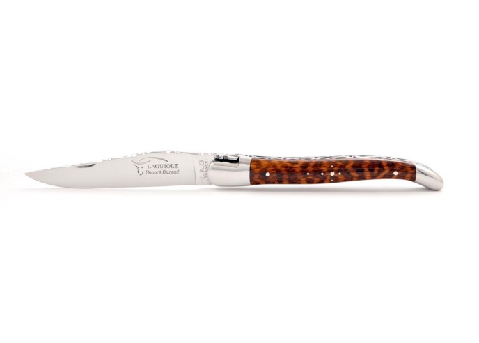 Laguiole pliant, 12 cm, abeille forgée, lame seule, ciselé dessus-dessous, mitres inox brilant, manche bois d'amourette
