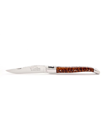 Laguiole pliant, 12 cm, abeille forgée, lame seule, ciselé dessus-dessous, mitres inox brilant, manche bois d'amourette