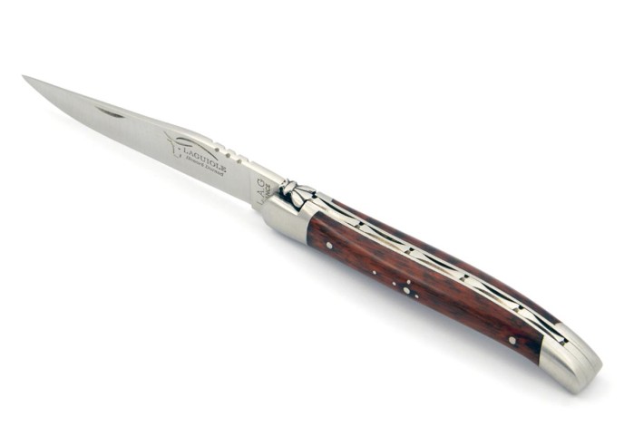Laguiole pliant, 11 cm, abeille forgée, lame seule, mitres inox mat, manche bois d'amourette