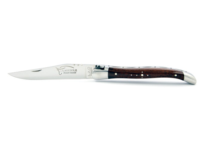 Laguiole pliant, 11 cm, abeille forgée, lame seule, mitres inox brillant, manche bois d'amourette