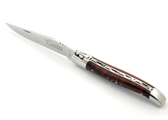 Laguiole pliant, 12 cm, abeille forgée, lame seule, mitres inox brillant, manche en bois d'amourette