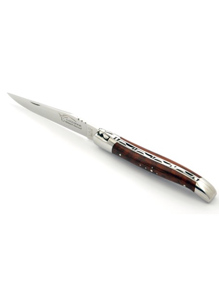 Laguiole pliant, 12 cm, abeille forgée, lame seule, mitres inox brillant, manche en bois d'amourette