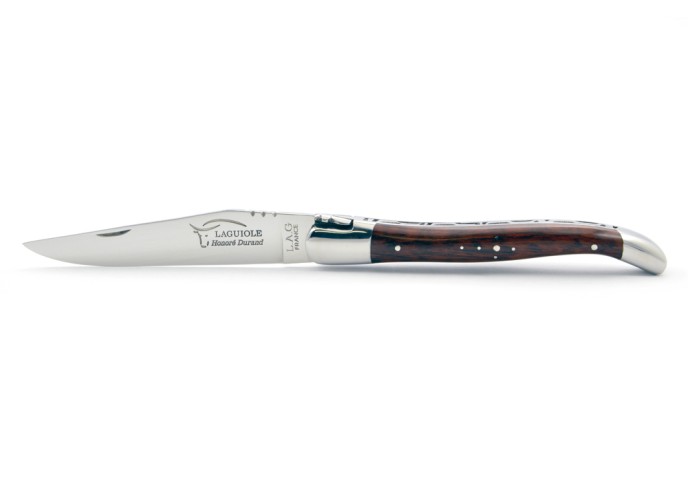 Laguiole pliant, 12 cm, abeille forgée, lame seule, mitres inox brillant, manche en bois d'amourette