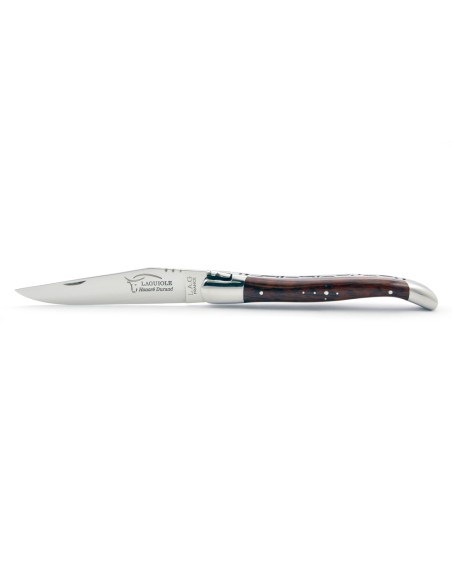 Laguiole pliant, 12 cm, abeille forgée, lame seule, mitres inox brillant, manche en bois d'amourette