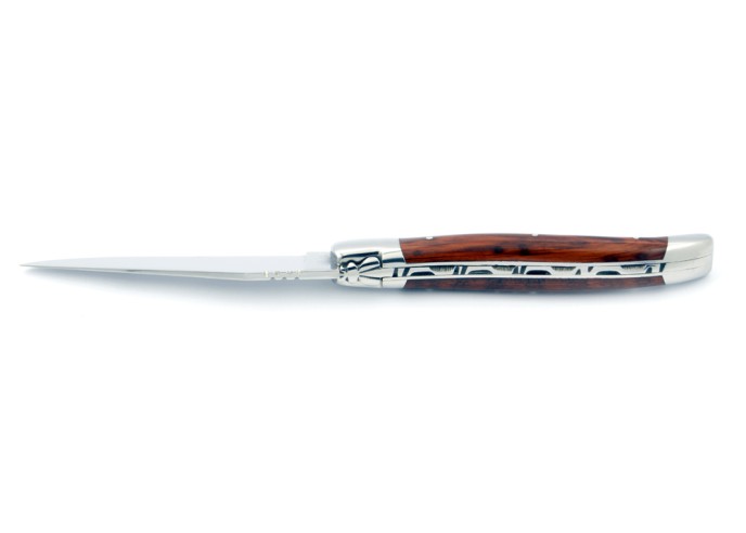 Laguiole pliant, 12 cm, abeille forgée, lame seule, mitres inox brillant, manche en bois d'amourette