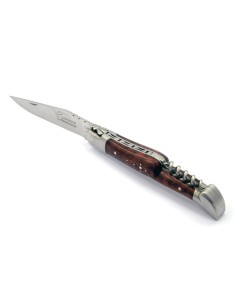 Laguiole pliant, 12 cm, abeille forgée, lame & tire-bouchon, mitres inox mat, manche bois d'amourette