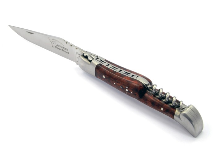 Laguiole pliant, 12 cm, abeille forgée, lame & tire-bouchon, mitres inox mat, manche bois d'amourette