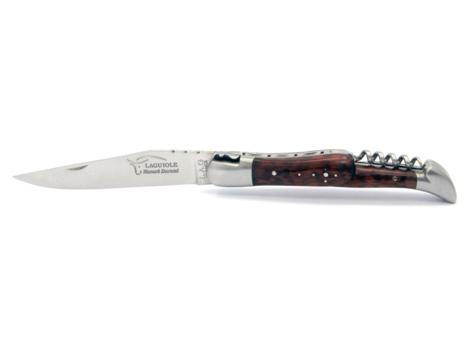 Laguiole pliant, 12 cm, abeille forgée, lame & tire-bouchon, mitres inox mat, manche bois d'amourette