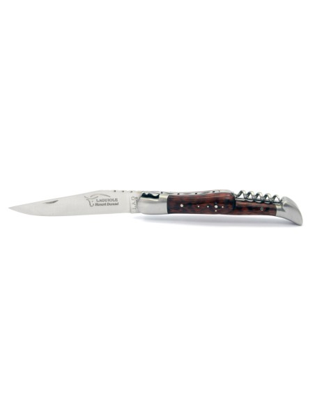 Laguiole pliant, 12 cm, abeille forgée, lame & tire-bouchon, mitres inox mat, manche bois d'amourette