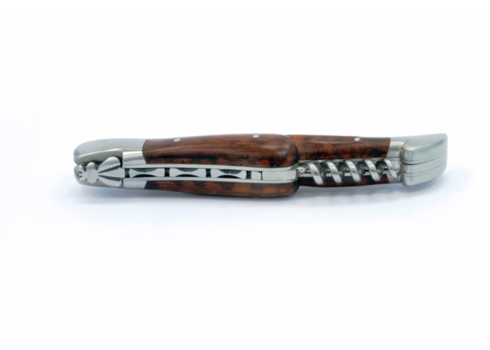 Laguiole pliant, 12 cm, abeille forgée, lame & tire-bouchon, mitres inox mat, manche bois d'amourette