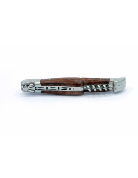 Laguiole pliant, 12 cm, abeille forgée, lame & tire-bouchon, mitres inox mat, manche bois d'amourette
