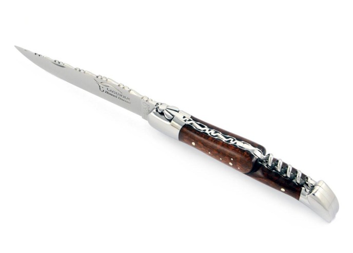 Laguiole pliant 12 cm, lame & tire-bouchon, ciselé dessus dessous,  mitres inox brillant, manche en bois d'amourette