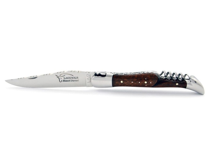 Laguiole pliant 12 cm, lame & tire-bouchon, ciselé dessus dessous,  mitres inox brillant, manche en bois d'amourette