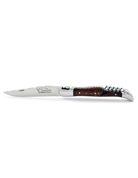 Laguiole pliant 12 cm, lame & tire-bouchon, ciselé dessus dessous,  mitres inox brillant, manche en bois d'amourette