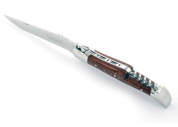 Laguiole pliant, 12 cm, abeille forgée, lame & tire-bouchon, mitres inox brillant, manche bois d'amourette