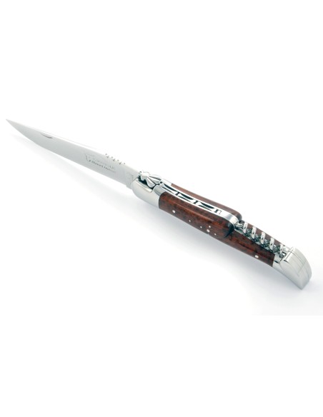 Laguiole pliant, 12 cm, abeille forgée, lame & tire-bouchon, mitres inox brillant, manche bois d'amourette