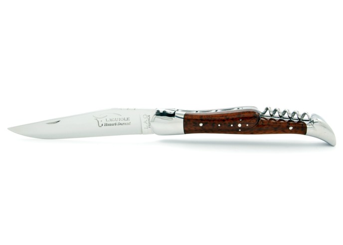 Laguiole pliant, 12 cm, abeille forgée, lame & tire-bouchon, mitres inox brillant, manche bois d'amourette