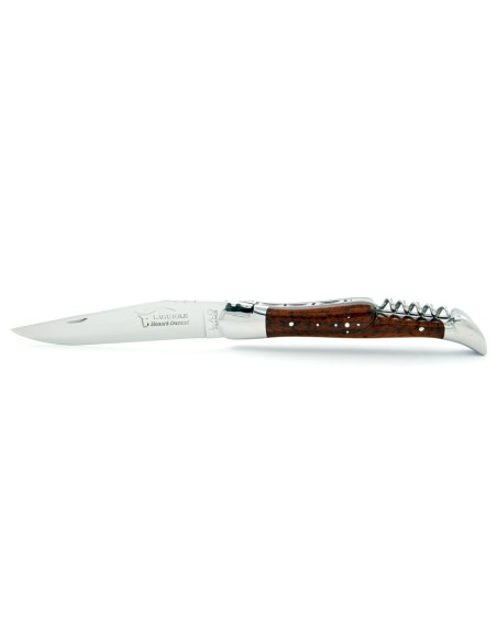 Laguiole pliant, 12 cm, abeille forgée, lame & tire-bouchon, mitres inox brillant, manche bois d'amourette