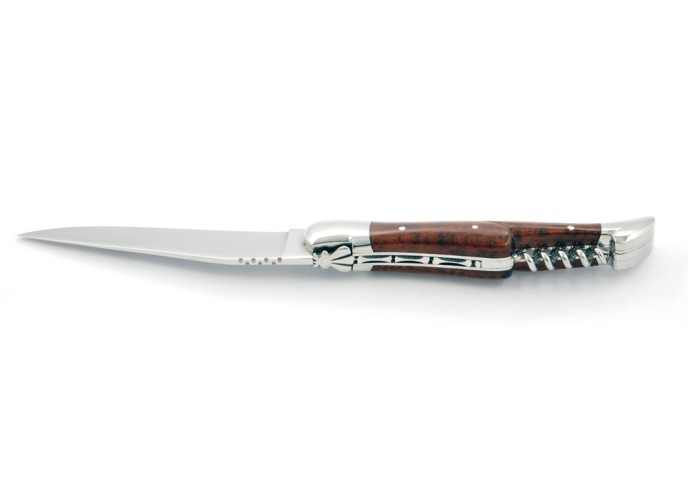 Laguiole pliant, 12 cm, abeille forgée, lame & tire-bouchon, mitres inox brillant, manche bois d'amourette